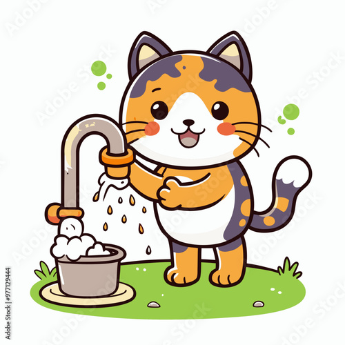 Hygienic cat washing paws with soap under tap on grassy patch