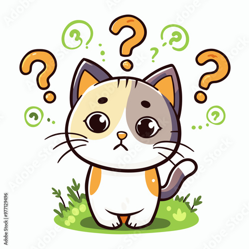Confused cat with question marks floating around on grassy patch