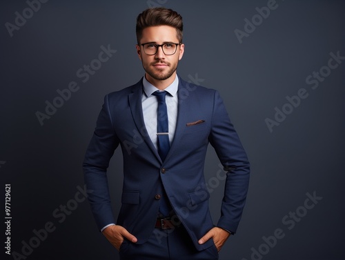 A young businessman in a business suit stands in a confident pose. A man in a jacket poses.