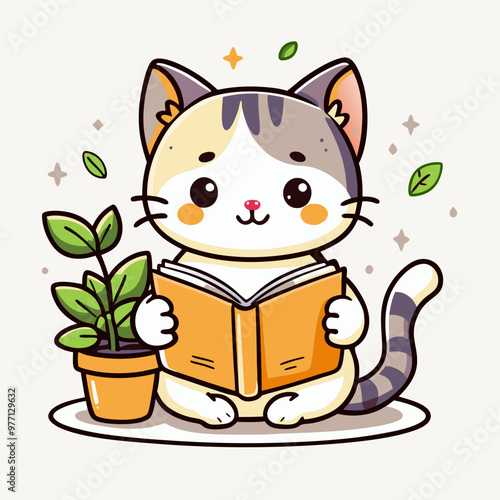 Focused cat reading a book with plant and sparkles around