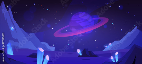 Alien landscape with towering mountains and scattered sparkling crystals under a starry sky.