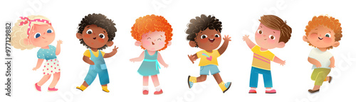 Group of elementary or kindergarten little children boys and girls. Diverse multinational school children. Happy kids boys and girls of different race. Vector characters clipart illustration isolated.