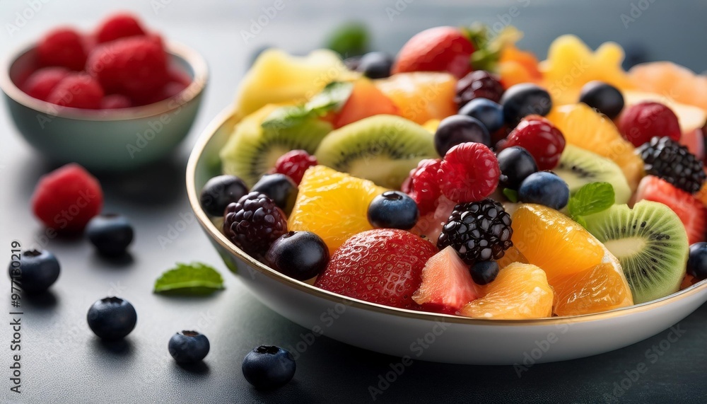Classic fruit salads with depth of field featuring a mix of fresh berries and citrus slices Classic fruit salads with depth of field featuring a mix of fresh berries and citrus slices