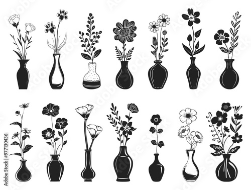 Flower vases vector cartoon illustration. Eighteen detailed black and white floral arrangements in different pots.
