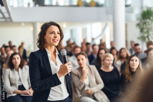 A woman holding a microphone in front of a crowd at an entertainment event