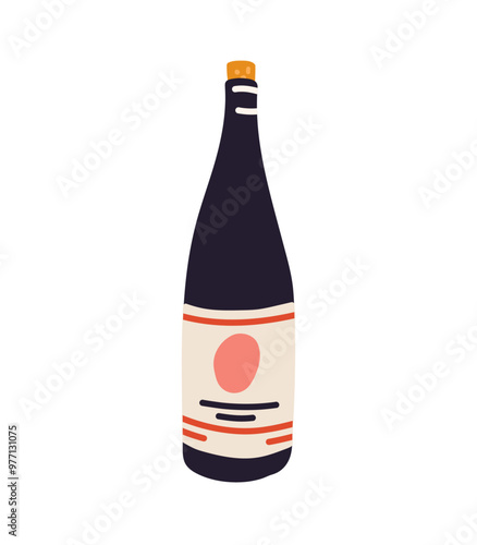 Wine in glass bottle, alcohol beverage, corked alcohol drink, drawing wine glass with spanish drink, red wine, alcohol drink in wine glass, hand drawn colored flat vector illustration.