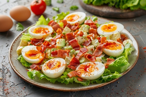 Delicious and Healthy Salad with Boiled Eggs, Avocado, and Crispy Bacon on Gray Rustic Background