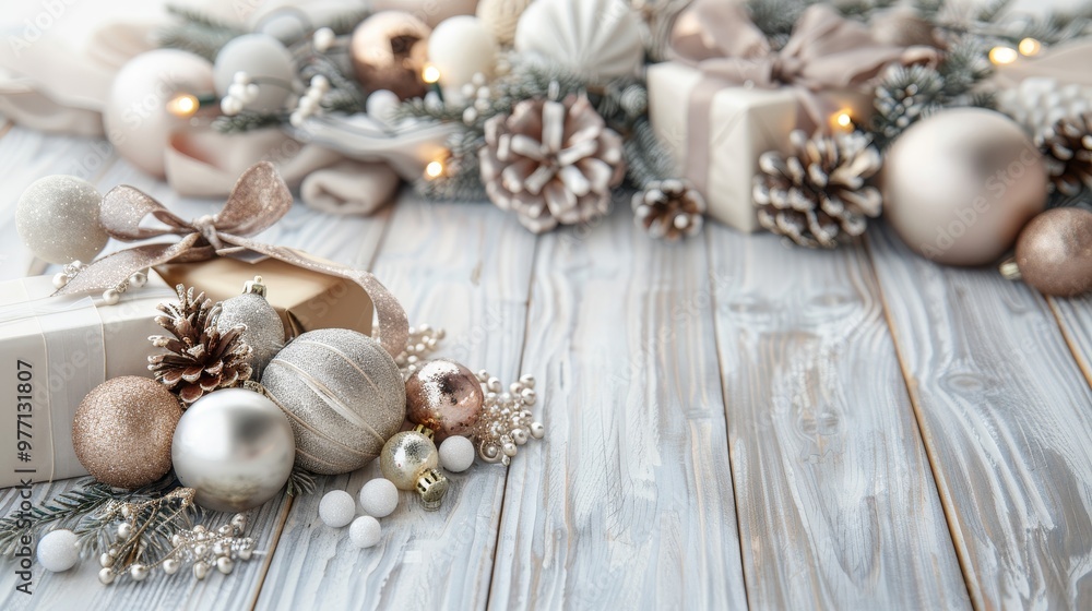 Christmas Gift Box, Baubles and Decorations on Rustic White Wood Background with Copy Space Christmas Gift Box, Baubles and Decorations on Rustic White Wood Background with Copy Space