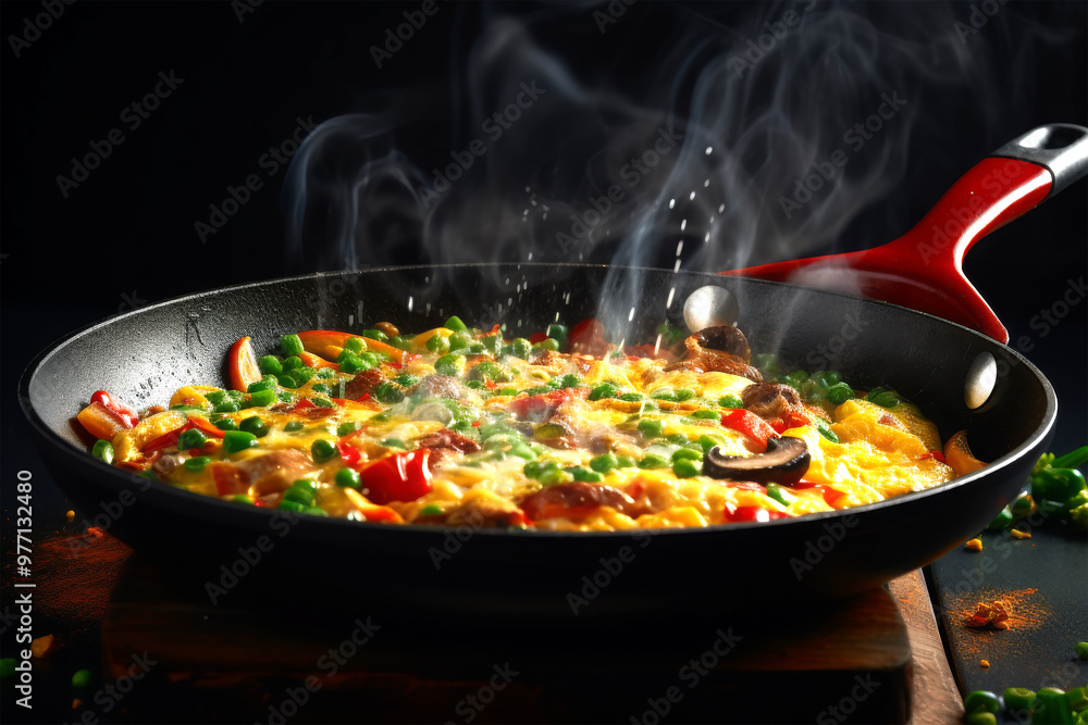cooking omlet in pan on black background cooking omlet in pan on black background