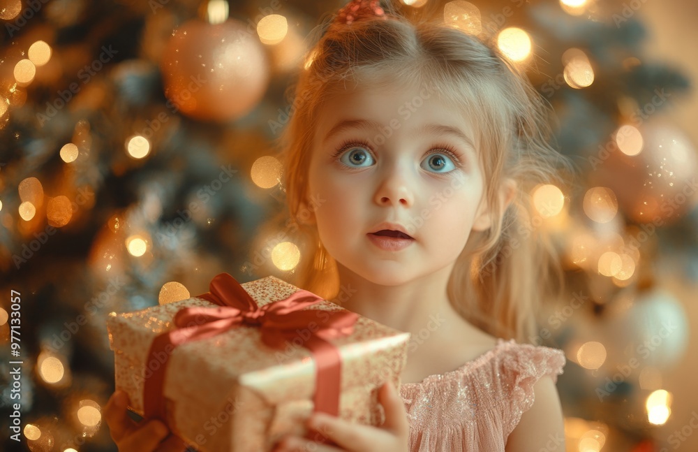 Beautiful young girl in pink dress holding gift box near decorated Christmas tree Beautiful young girl in pink dress holding gift box near decorated Christmas tree