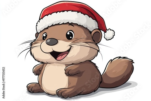 Cartoon beaver in red Santa Claus hat on white background, Merry Christmas. Copy space