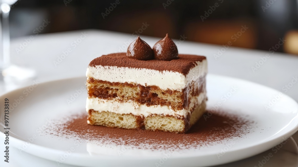 An indulgent tiramisu with layers of coffee-soaked ladyfingers, creamy mascarpone, and a dusting of cocoa powder, elegantly plated for a sophisticated dessert. An indulgent tiramisu with layers of coffee-soaked ladyfingers, creamy mascarpone, and a dusting of cocoa powder, elegantly plated for a sophisticated dessert.