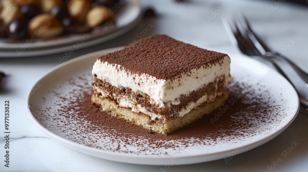 An indulgent tiramisu with layers of coffee-soaked ladyfingers, creamy mascarpone, and a dusting of cocoa powder, elegantly plated for a sophisticated dessert. An indulgent tiramisu with layers of coffee-soaked ladyfingers, creamy mascarpone, and a dusting of cocoa powder, elegantly plated for a sophisticated dessert.