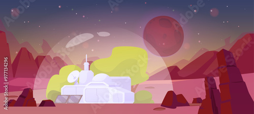 Alien landscape with desert mountains and a research station under a dome.