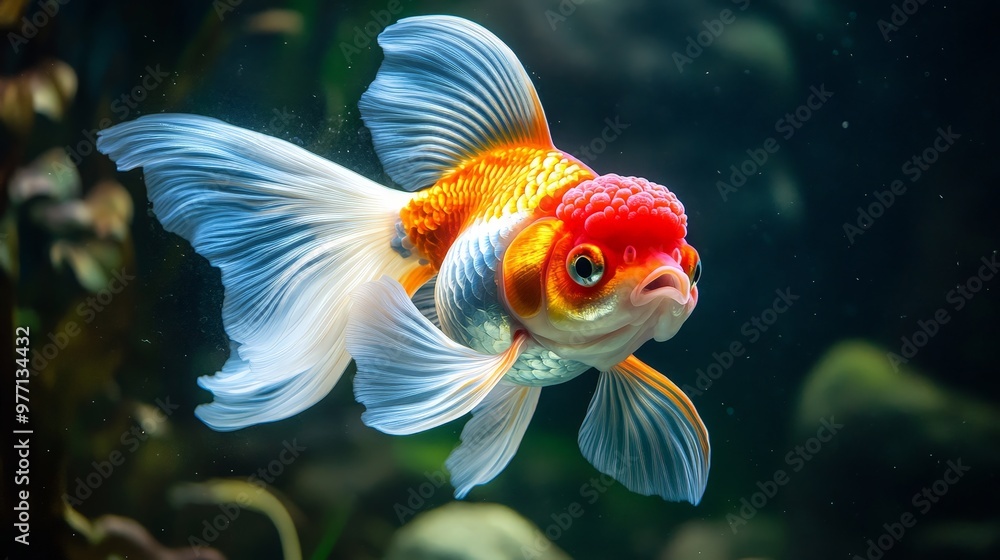 As the Oranda goldfish swims in the aquarium fish tank, its vibrant hues and elegant fins captivate the eye. As the Oranda goldfish swims in the aquarium fish tank, its vibrant hues and elegant fins captivate the eye.