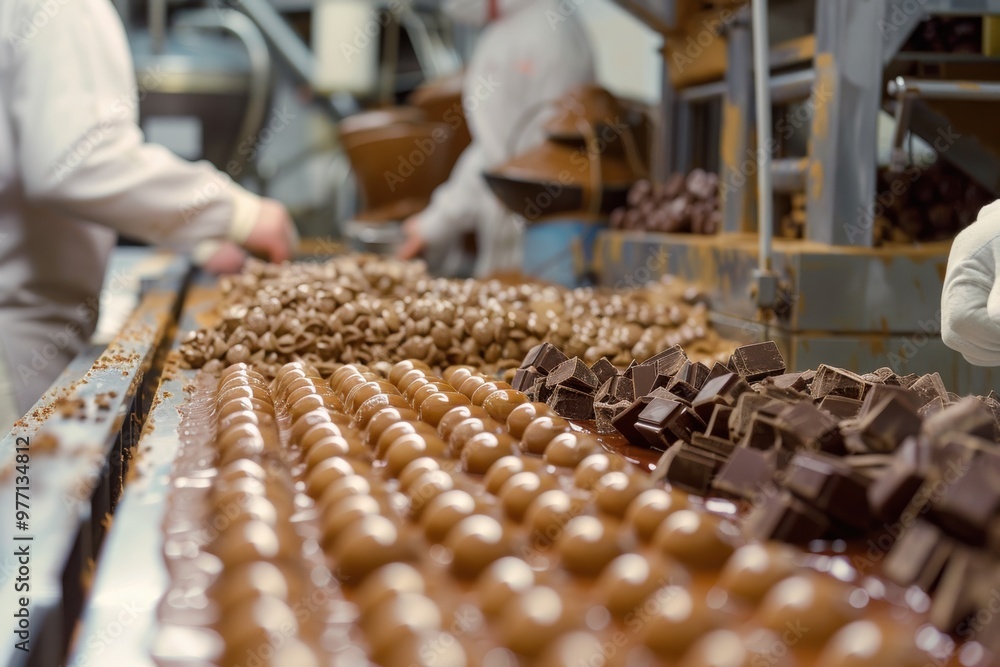 Industrial chocolate factory making candies with machinery and packaging process. Industrial chocolate factory making candies with machinery and packaging process.