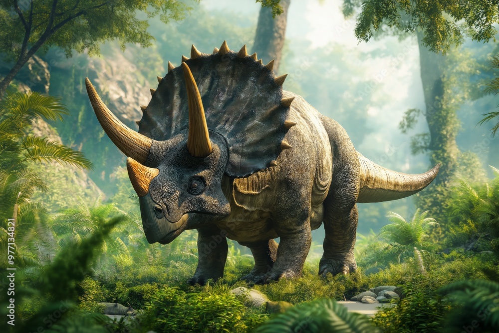 Fototapeta premium A large T-Rex is walking through a lush green forest. The scene is peaceful and serene, with the dinosaur blending in with its surroundings