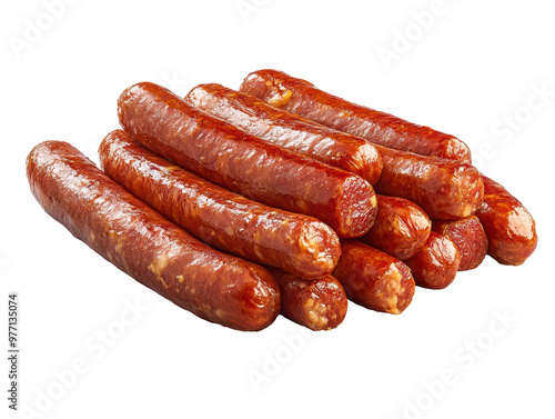 Thin sausages piled together with a transparent background. photo