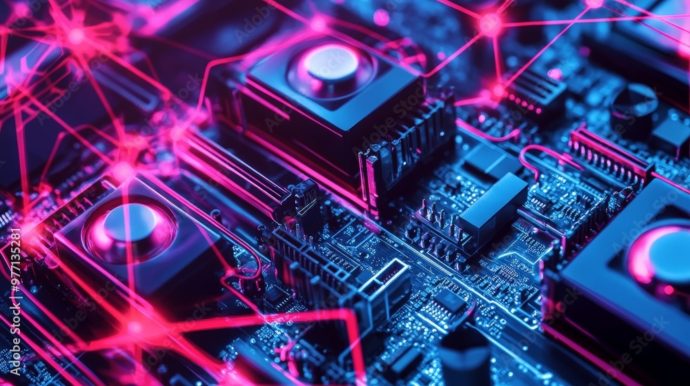 Close-up of computer hardware components like hard drives, GPUs, and cooling systems, displayed on an abstract technology-themed backdrop with interconnected lines and glowing nodes. Close-up of computer hardware components like hard drives, GPUs, and cooling systems, displayed on an abstract technology-themed backdrop with interconnected lines and glowing nodes.