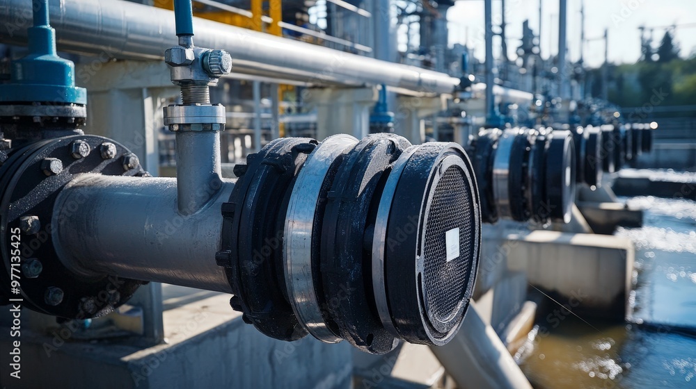 Close-up view of equipment at work in a wastewater treatment facility. The image highlights the functionality of mechanical screens, pumps, Close-up view of equipment at work in a wastewater treatment facility. The image highlights the functionality of mechanical screens, pumps,