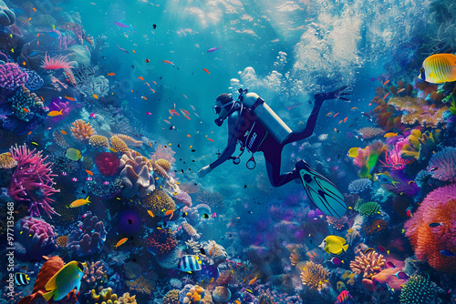 Wallpaper Mural Beautiful diver goes on an underwater adventure in frighteningly deep sea Torontodigital.ca