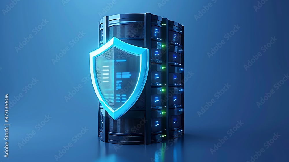 A modern server with a glowing shield symbolizing data security and protection in technology and digital communication. A modern server with a glowing shield symbolizing data security and protection in technology and digital communication.