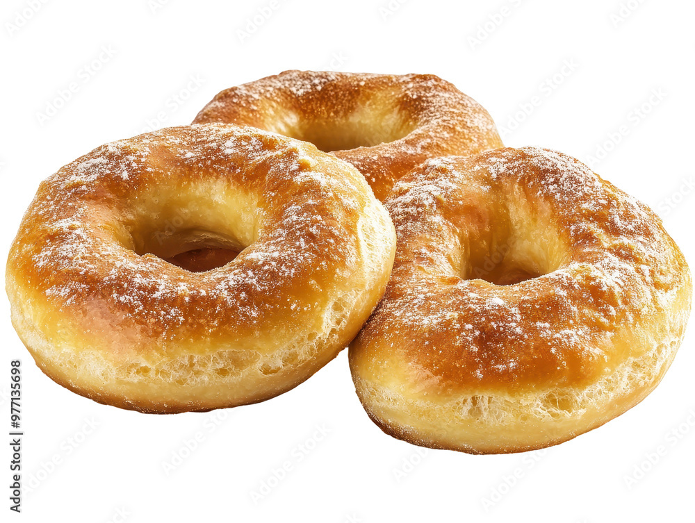 Three golden doughnuts with sugar dusting on transparent background Three golden doughnuts with sugar dusting on transparent background