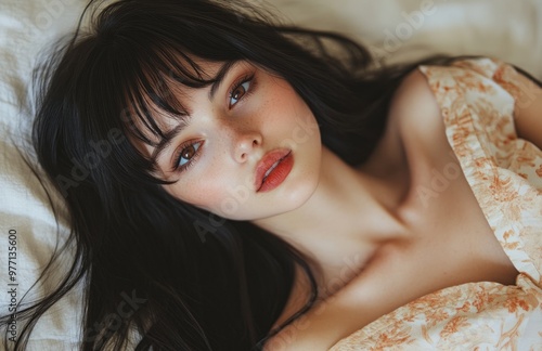 Beautiful young woman with black hair and red lips sleeping peacefully on bed in pajamas