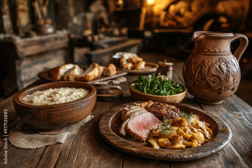 A rustic medieval-style table set with traditional Slavic dishes, including pierogi and meat. The background features an old wooden wall with texture. A rustic medieval-style table set with traditional Slavic dishes, including pierogi and meat. The background features an old wooden wall with texture.