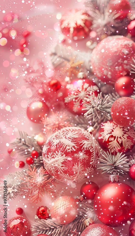 Fototapeta premium Christmas background. Red Christmas balls and fir tree branches on pink sparkling background.