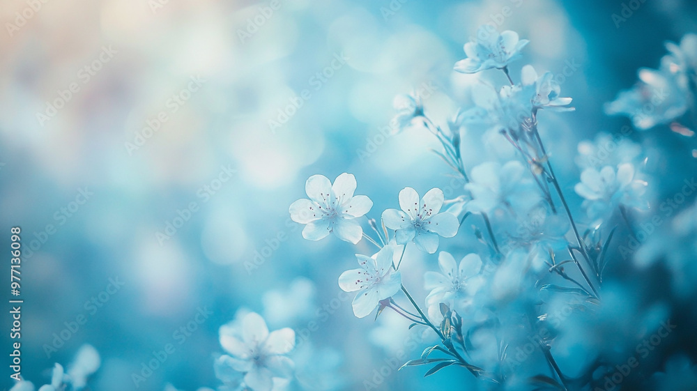 Delicate white flowers bloom under soft blue light in a tranquil garden during springtime Delicate white flowers bloom under soft blue light in a tranquil garden during springtime