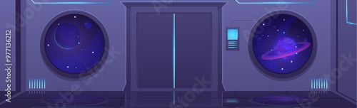 Vector illustration of a spacecraft with a door, portholes where space and the planet Jupiter