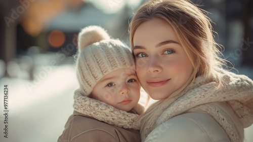 Close-up portrait of mother and daughter walking in a snowy countryside during winter