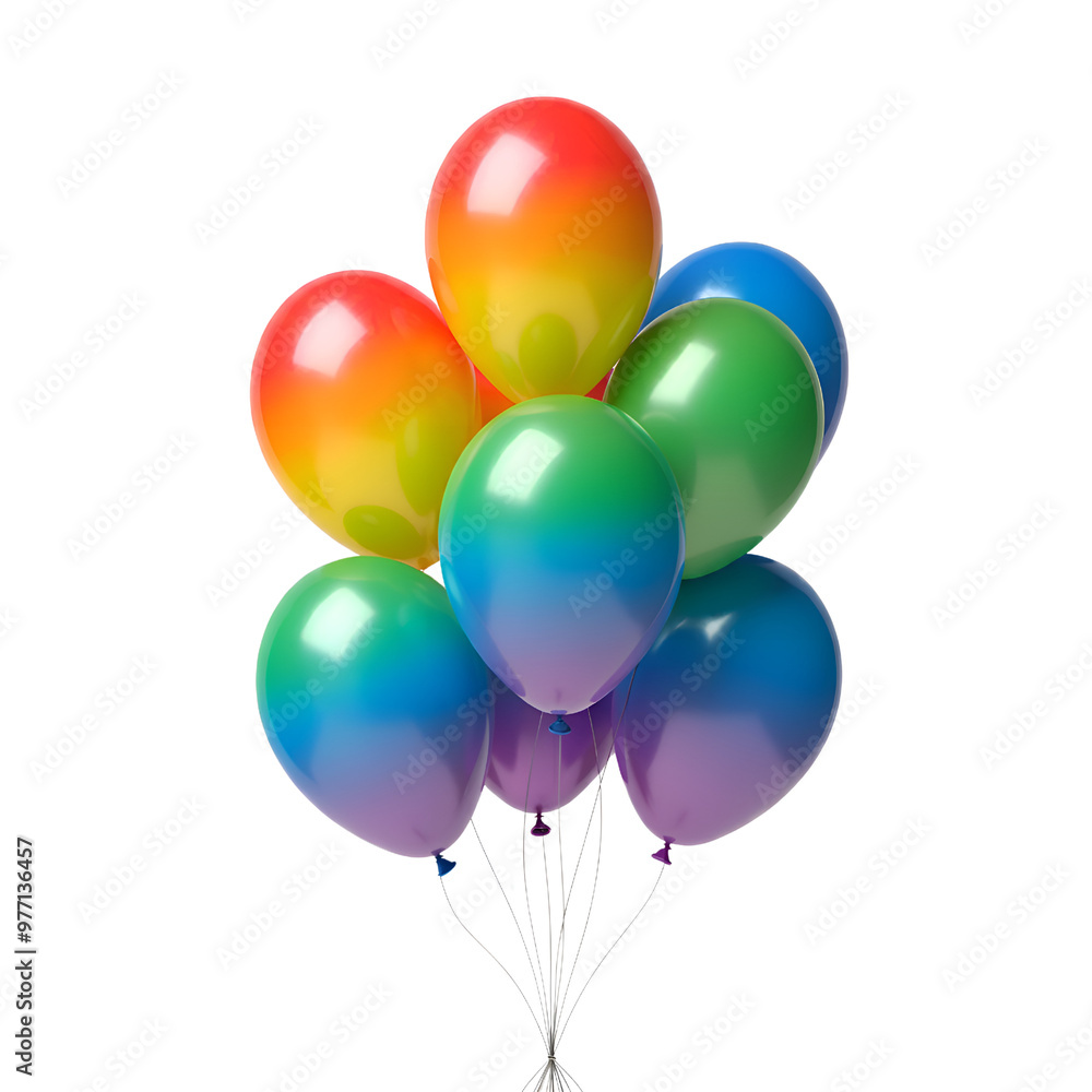 A set of balloons in a perfect rainbow gradient, from red to violet, hovering against a clean white backdrop. A set of balloons in a perfect rainbow gradient, from red to violet, hovering against a clean white backdrop.