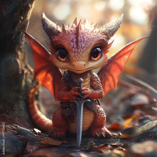 A cute dragon character holding a sword in a forest setting.