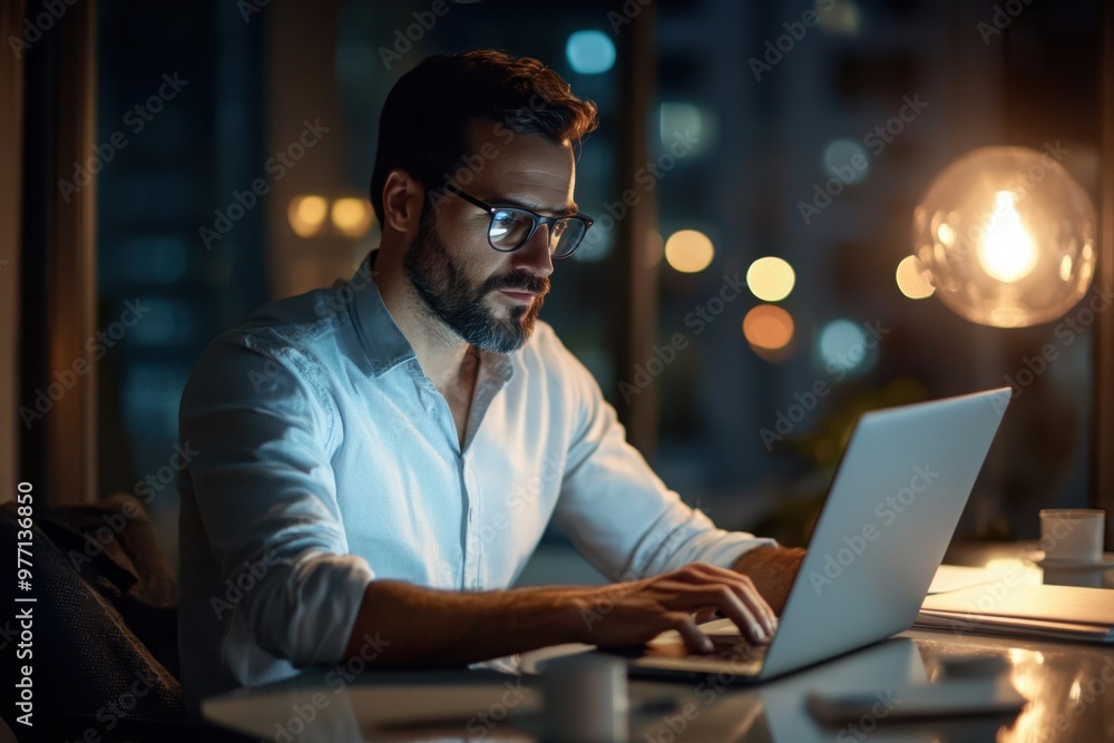 Focused man working late at night on laptop Focused man working late at night on laptop