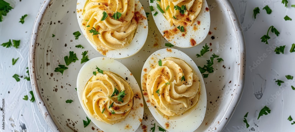 Classic Deviled Eggs with Paprika and Parsley, Appetizer Food Photography on Rustic Plate Classic Deviled Eggs with Paprika and Parsley, Appetizer Food Photography on Rustic Plate