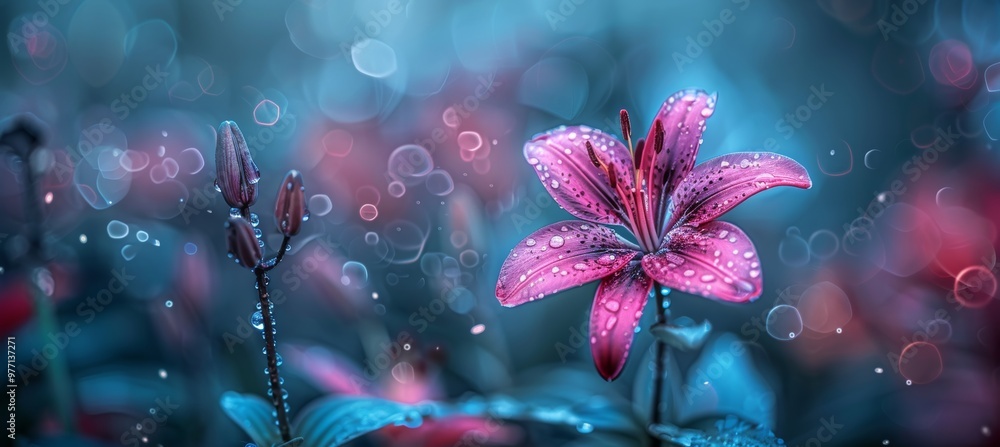 Beautiful pink lily flower with water drops in a garden after the rain, macro photography Beautiful pink lily flower with water drops in a garden after the rain, macro photography
