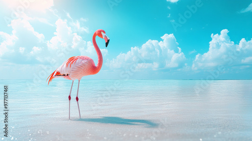 A pink flamingo stands on the white sands of a beach A bright blue sky and fluffy clouds create a peaceful and natural backdrop for this exotic bird. AI generative