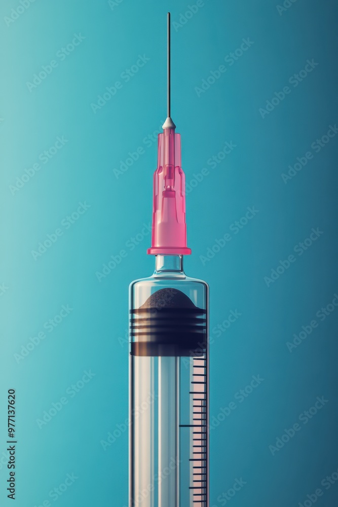 A vibrant close-up of a syringe poised for action against a calming blue backdrop A vibrant close-up of a syringe poised for action against a calming blue backdrop