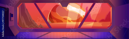 Space ship interior vector game sci-fi background, spacecraft shuttle window view on alien red planet surface, rocks