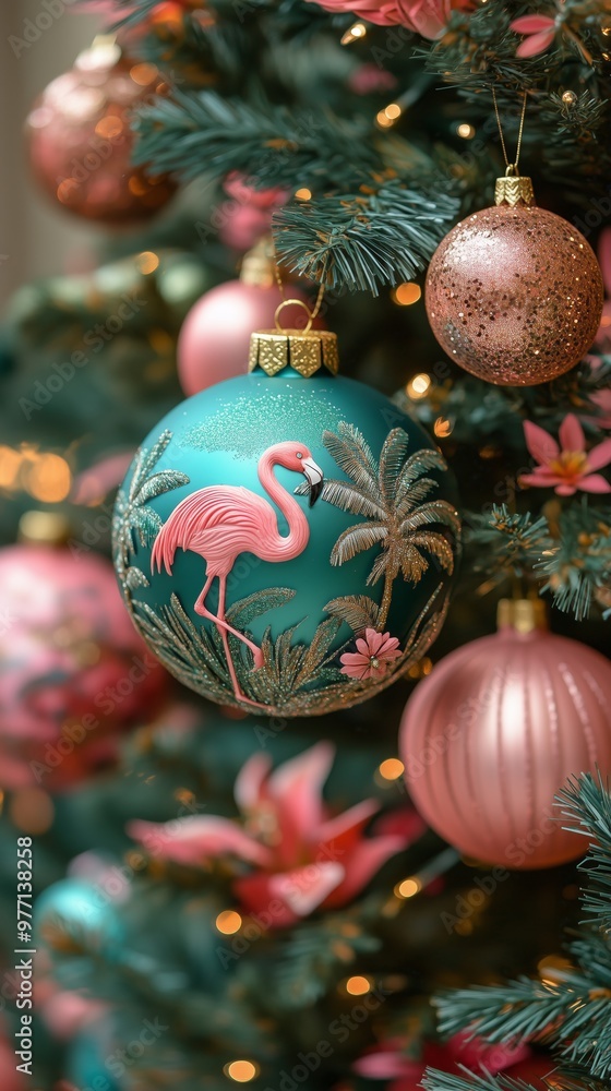 Fototapeta premium Phone wallpaper elegant tropical Christmas tree decorated with vibrant pink and green baubles, swan, palm leaves, tropical flowers, metallic butterfly accents, a neon purple flamingo figurine