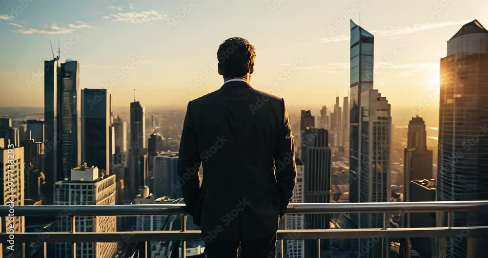 Top-floor office perspective of a wealthy young successful business man viewing the metropolis skyline at sunset. Business Concept.