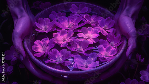 Hand-held purple flower pot, design in a simple and modern cartoon style, with few elements and a clean and artistic look. 8k AI generative photo