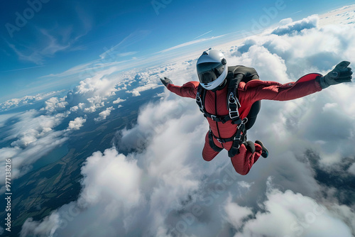 Parachutist with parachute makes heavenly adventure against backdrop of landscape