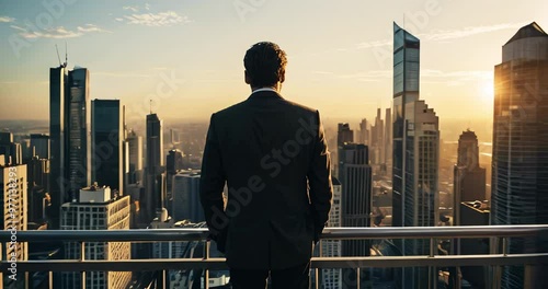 Top-floor office perspective of a wealthy young successful business man viewing the metropolis skyline at sunset. Business Concept.