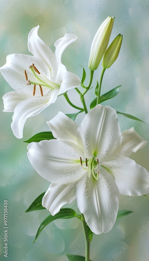 Two White Lily Flowers on Blue Background. Floral Still Life. Fragrant Bouquet, Postcard Image Two White Lily Flowers on Blue Background. Floral Still Life. Fragrant Bouquet, Postcard Image