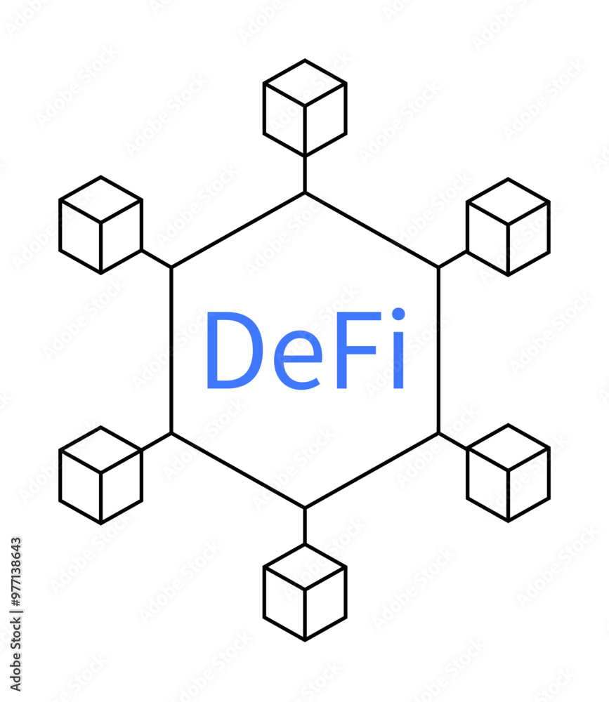 This graphic shows DeFi in blue text centered in a hexagon connected to six smaller cubes. Ideal for blockchain, cryptocurrency, financial technology, decentralized networks, digital finance. This graphic shows DeFi in blue text centered in a hexagon connected to six smaller cubes. Ideal for blockchain, cryptocurrency, financial technology, decentralized networks, digital finance.