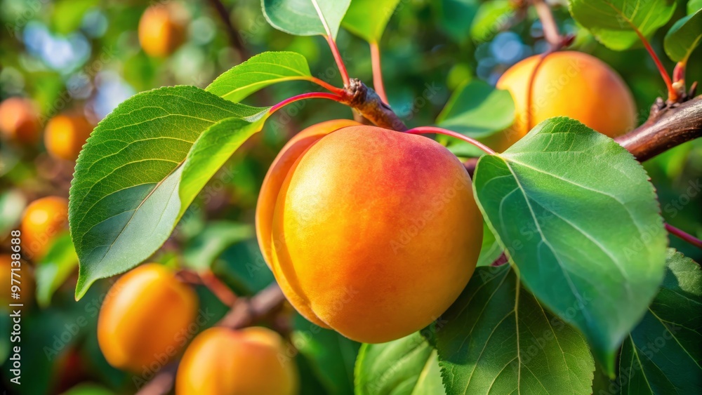 Ripe, sunlit apricot fruit with a yellow-orange hue, nestled against velvety green leaves Ripe, sunlit apricot fruit with a yellow-orange hue, nestled against velvety green leaves