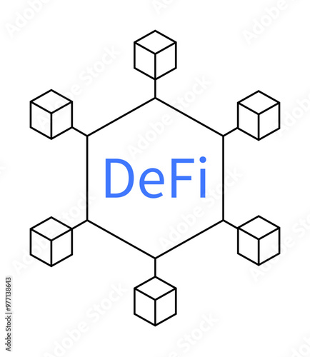 This graphic shows DeFi in blue text centered in a hexagon connected to six smaller cubes. Ideal for blockchain, cryptocurrency, financial technology, decentralized networks, digital finance.